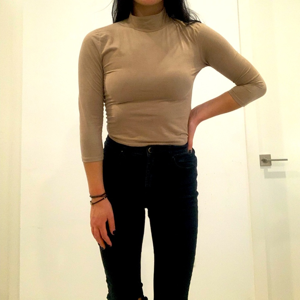 Faux Suede Tan Turtle Neck with 3/4 Sleeves